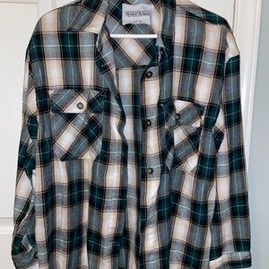 Beige/Green/White Button-Up Flannel